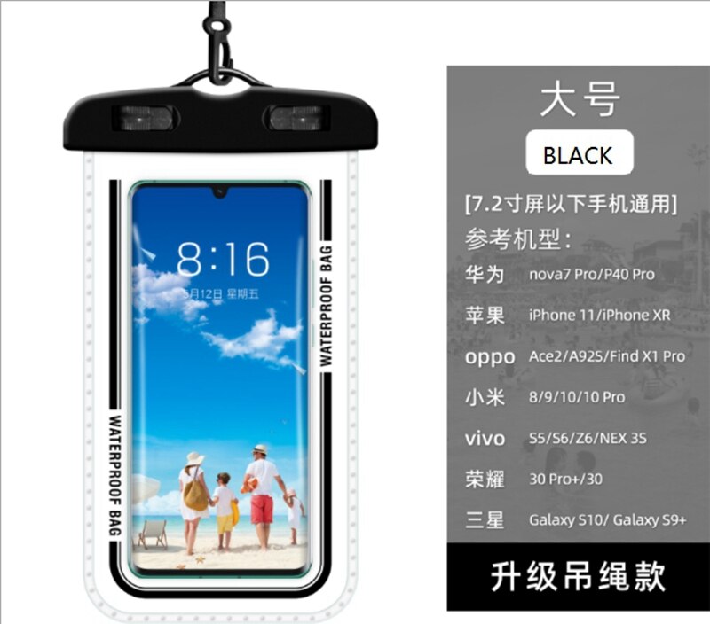 Étui étanche universel pour téléphone portable, housse de natation, étui étanche pour iphone 11 pro max , 6s, 7 plus, xiaomi: Noir