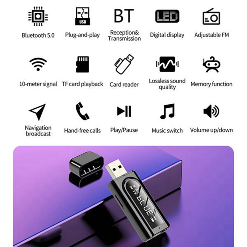 Bluetooth 2 in 1 empfänger 5.0 auto-led-sender, aux-fm-modulator, tf-kartenleser mit mikrofon für freisprechfunktion