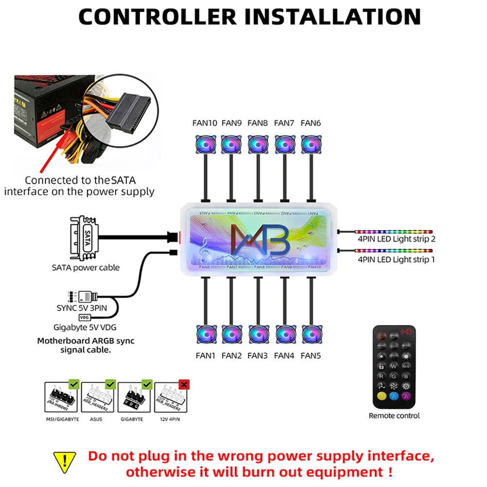 Controlador de ventiladores WOVIBO COOLMOON, 6 pines, 6 pines para ventiladores RGB 5V ARGB 120mm, puertos de barra de luz con Control remoto LED a Color