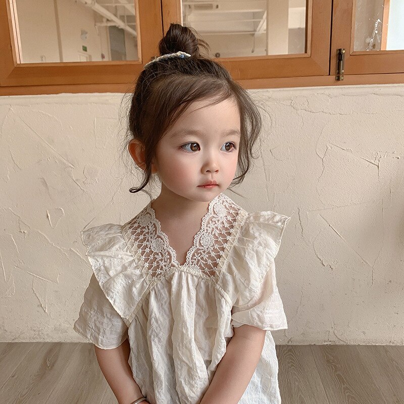 Meisjes Korte Mouw Zomer Zoete Leuke Kant Kleine V-hals Kinderen Casual Effen Kleur Katoenen Baby Shirt Meisjes Shirts