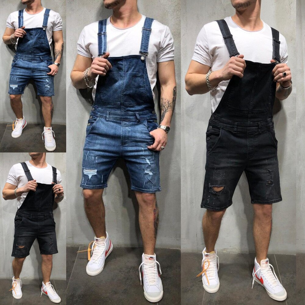 Pantalones cortos holgados a la para hombre, petos vaqueros rasgados para hombre, petos vaqueros informales para hombre, pantalones cortos hasta la rodilla