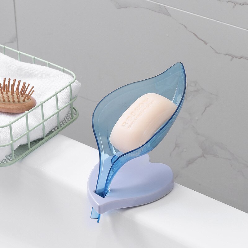 Såpeholder såpeskål oppbevaringsboks avløp baderomsorgan såpebrett sugekopp tørr bladform hjemmedekorasjon: Blå a