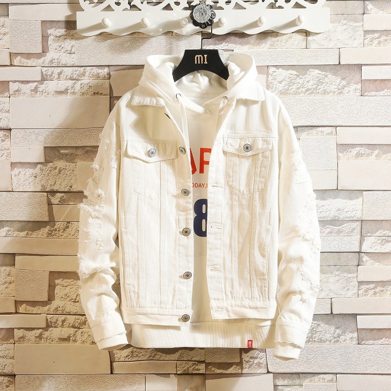 herbst See Denim Jacke Männer Zerrissene Cowboy Jacken Mantel Männlichen schlank passen Feste Beiläufige Mäntel Baumwolle Weiß Schwarz Plus größe 3XL: Weiß / L