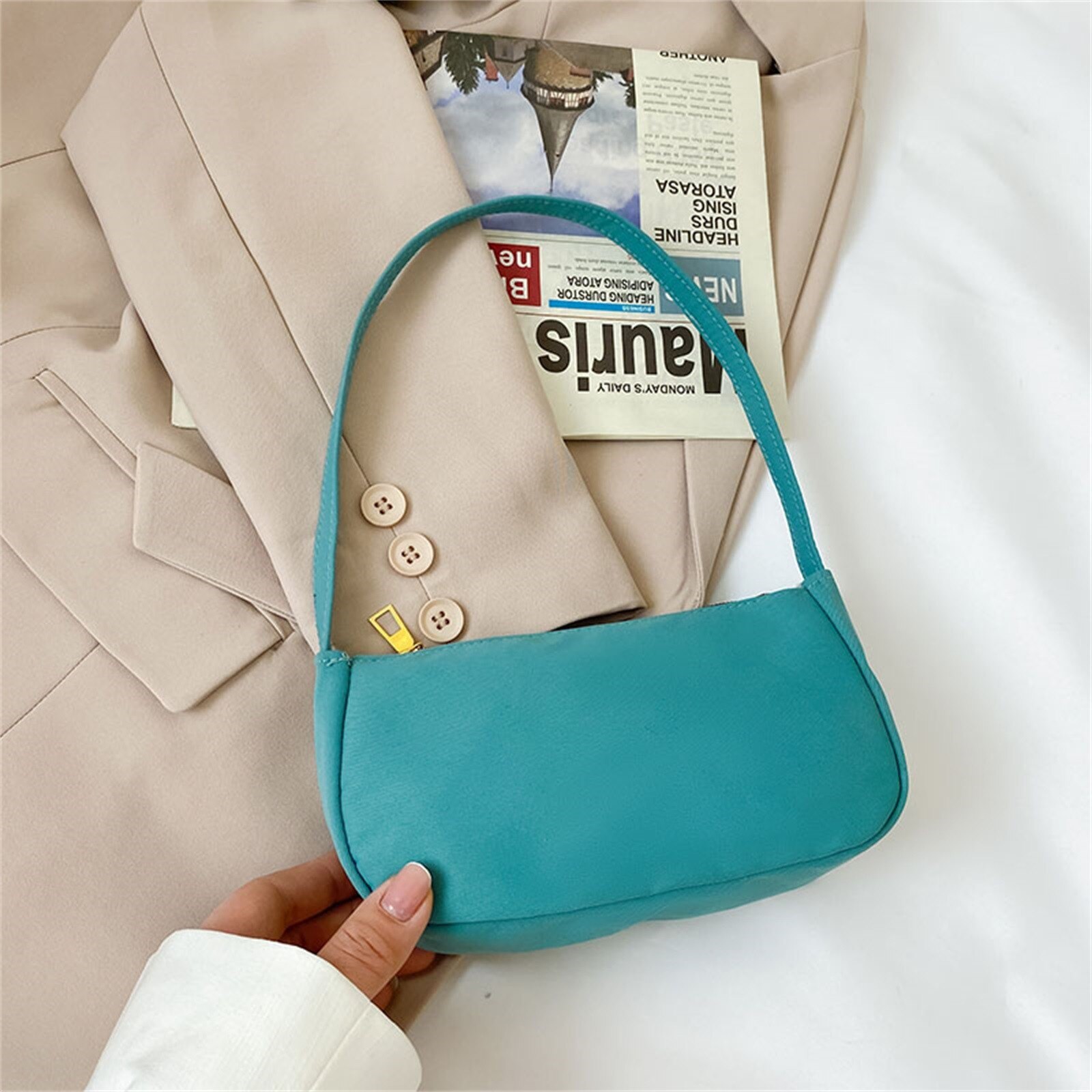 Solid Color Ladies Baguette Handbags Women Nylon Casual Shoulder Underarm Shoulder Bags Portable Travel Clutches#p35: G