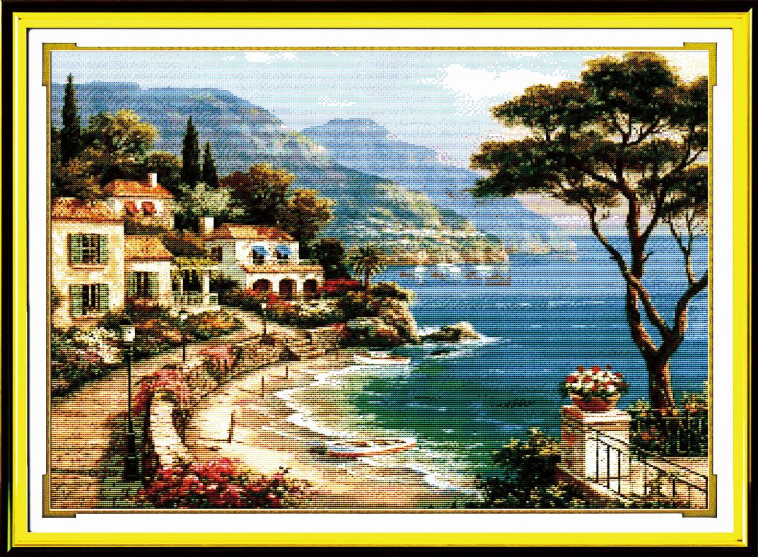 Kits de points de croix DMC | Toile imprimée comptée à motifs de paysage tranquille, bricolage broderie au point de croix: F019 / 14CT White Fabric