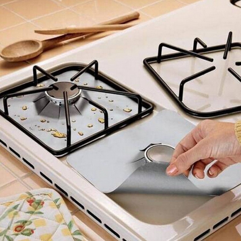 4 unids/set papel de aluminio reutilizable tapa para cocina a gas Protector antiadherente quemador estera de lámina almohadilla revestimiento limpio para utensilios de cocina
