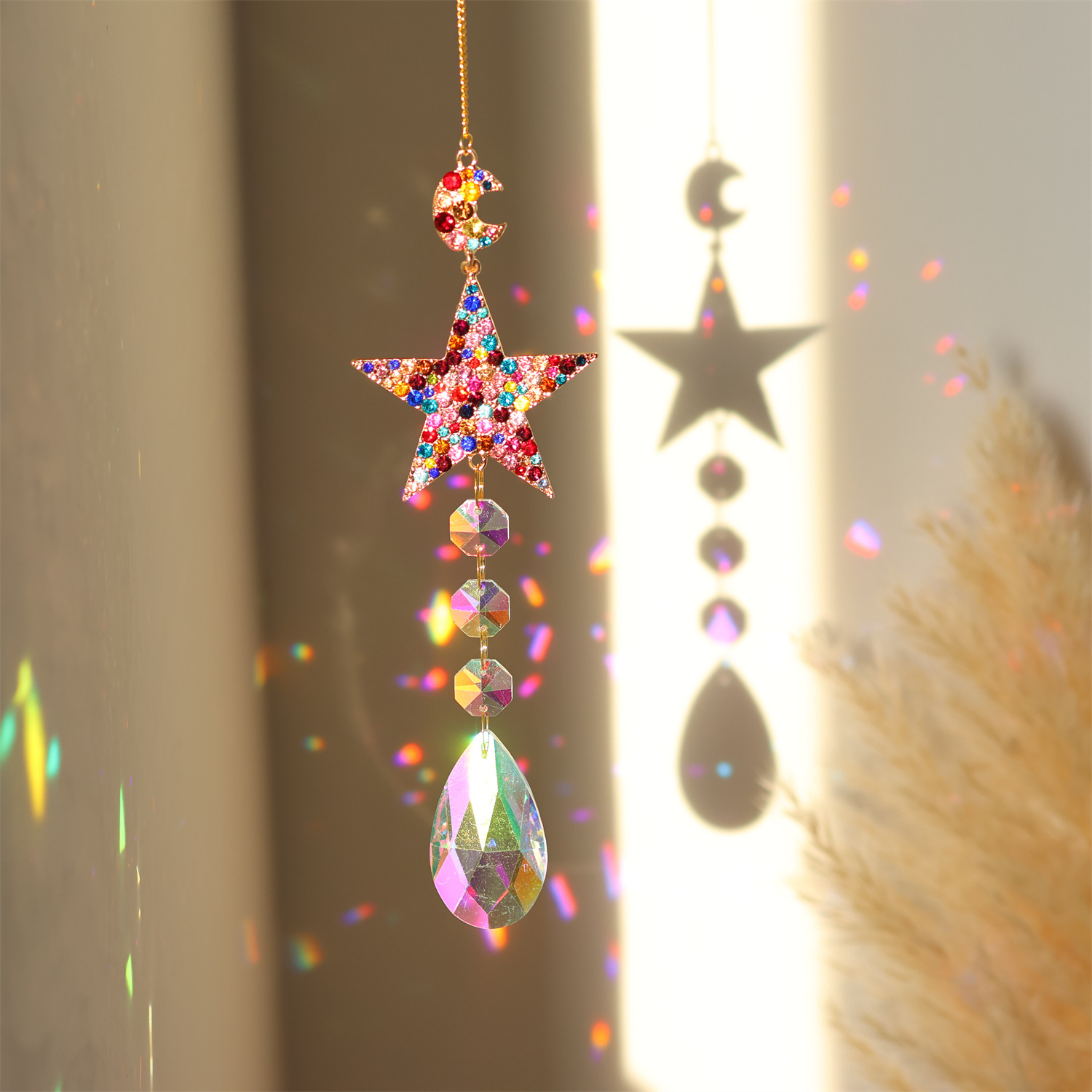 Crystal Diamond Moon Sun Catcher Butterfly Lotus Rainbow Christmas Decoration Home Garden Decoration Wind Chime: VIOLET/紫罗兰