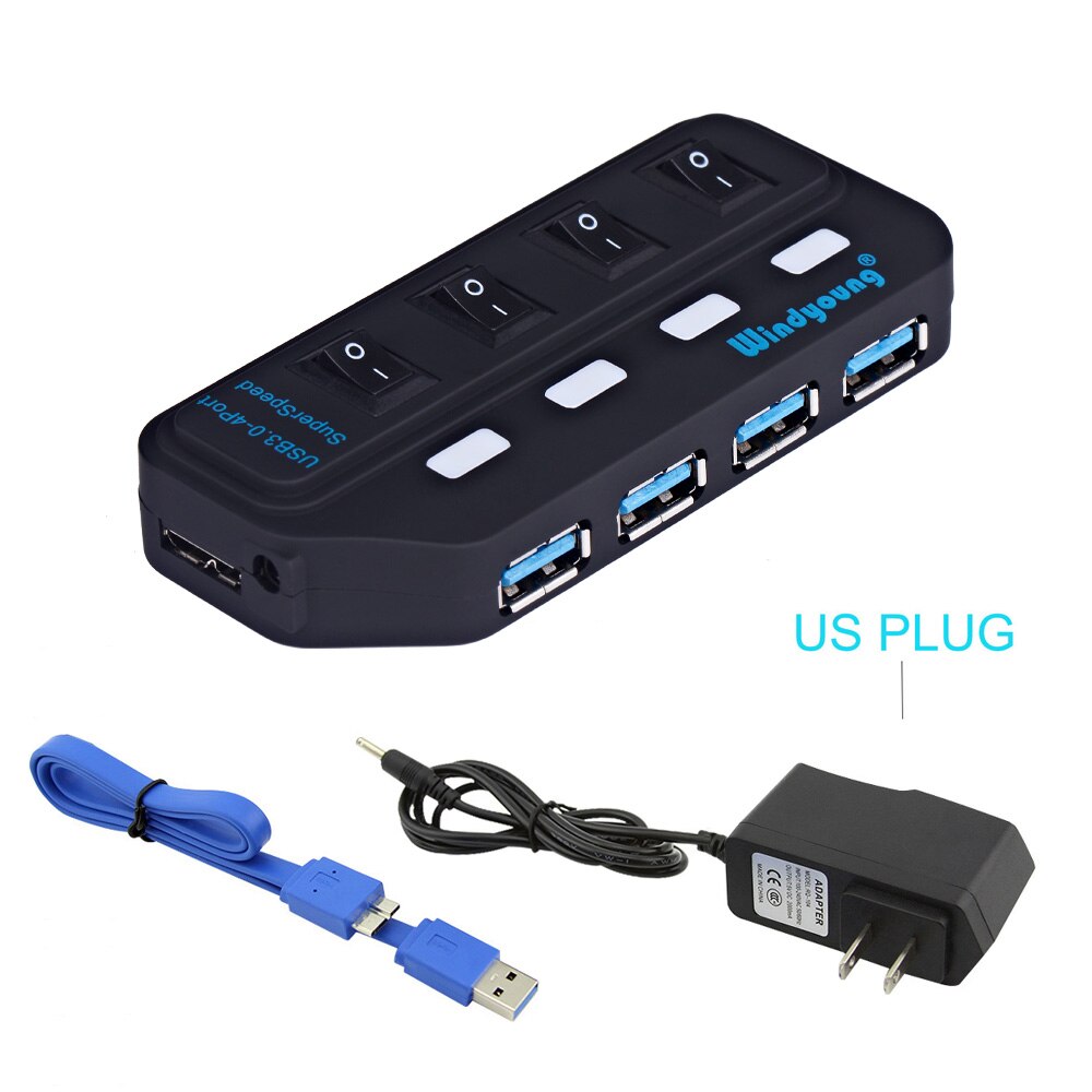 Windyoung USB3.0 HUB 7 Port with Power Charging and Switch Multiple USB Power Adapter LED ON/OFF Switch Splitter for PC Laptop: 4 Port and US PD