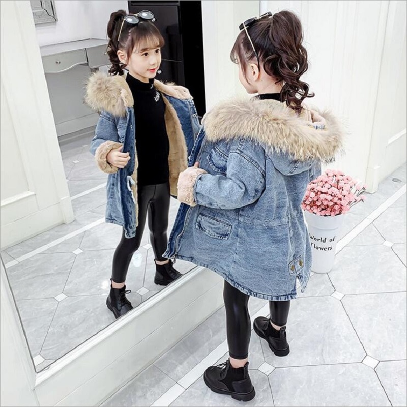 Winter Thicken Denim Jasje Voor Meisjes Plus Kasjmier Hooded Jas Voor Kinderen Kleding Warm Mode Meisjes Denim Jassen 5-13Y