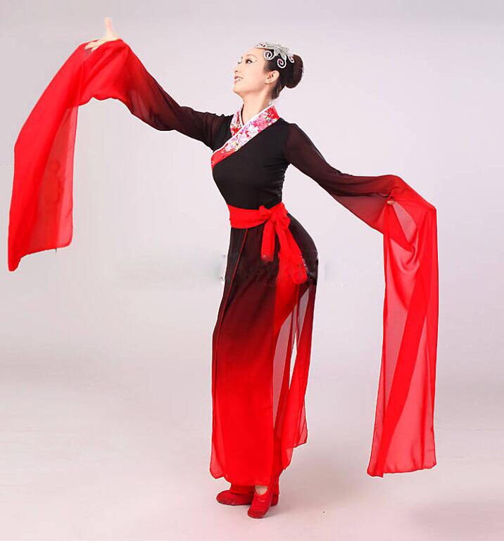 Woman Gradient Ink Water Sleeves Costumes Chinese Classical Dance Clothes Black Red Long Sleeves Hanfu Ancient Fairy Set: XXL