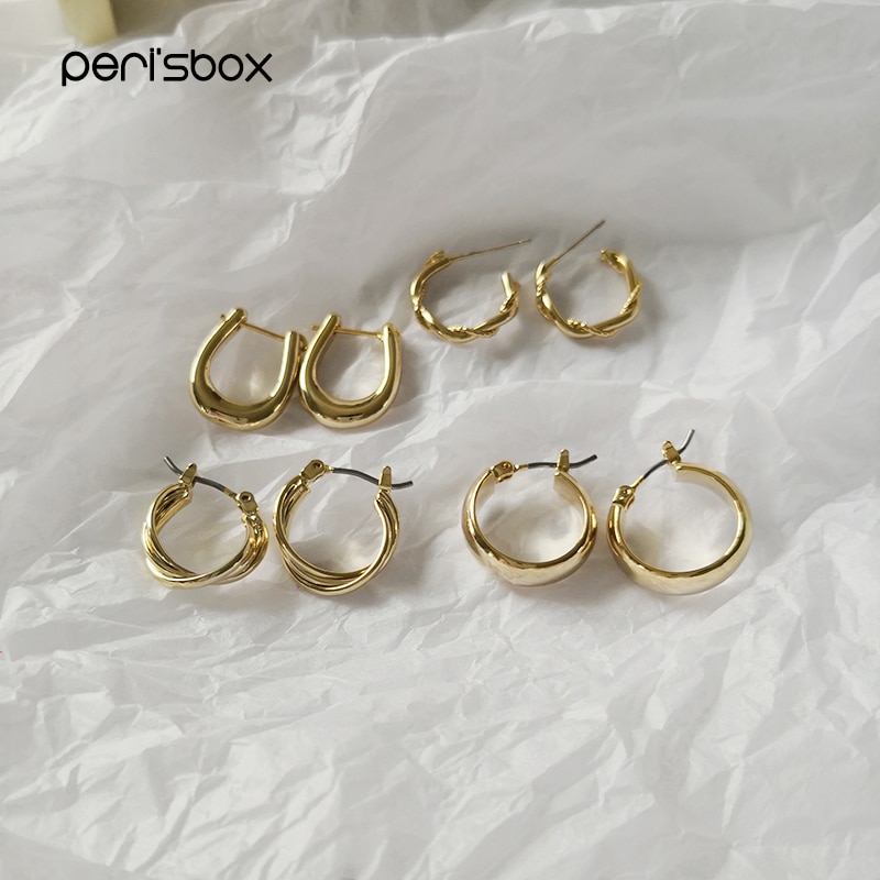 Peri'sBox 4 Ontwerpen Gouden Hoefijzer Kleine Hoepel Oorbellen voor Vrouwen 3 Rij Twisted Oorringen Minimalistische Vlakte Oorringen