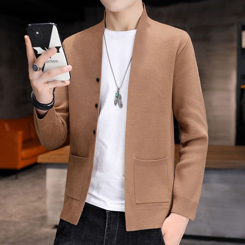 Smart stativ krave strikket cardigan herre langærmet lille knaplomme cardigan top herre efterår vinter sweater blød cardigan herre: Kamel / Xxl