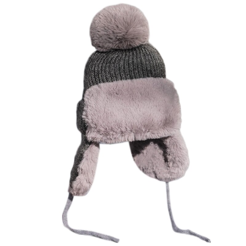 Kvinner vinterstrikk pom pom fangstmann lue tykk fluffy plysj termisk varm snø ski vindtett ensfarget lue øreklaff lokk: Grå