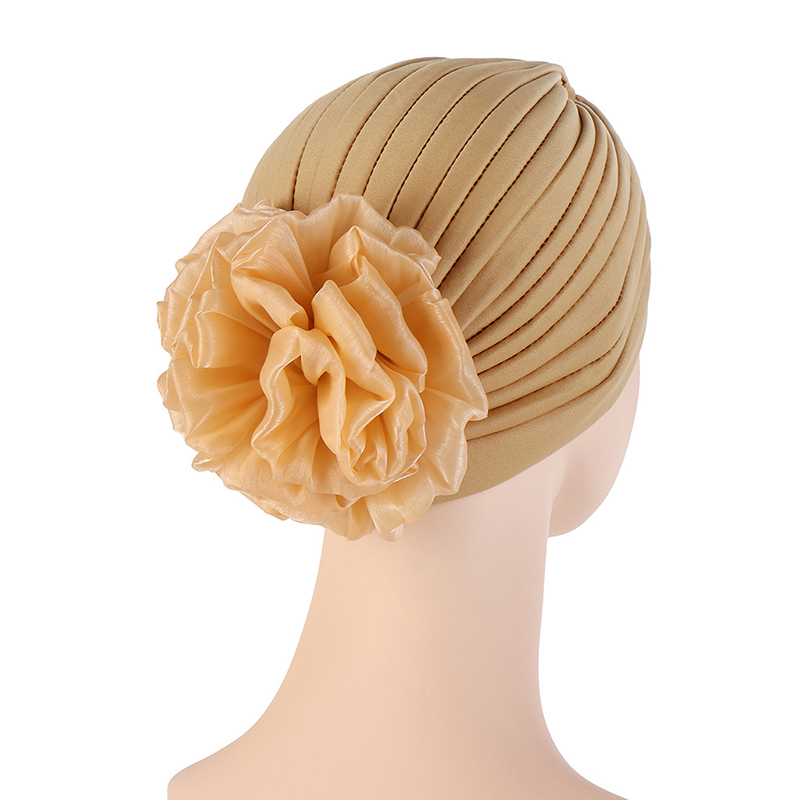 Solid Color Turban Hat Female Stylish Indian Exaggerated Big Flower Turban Hat Western Style Comfortable Pullover Hat: Khaki