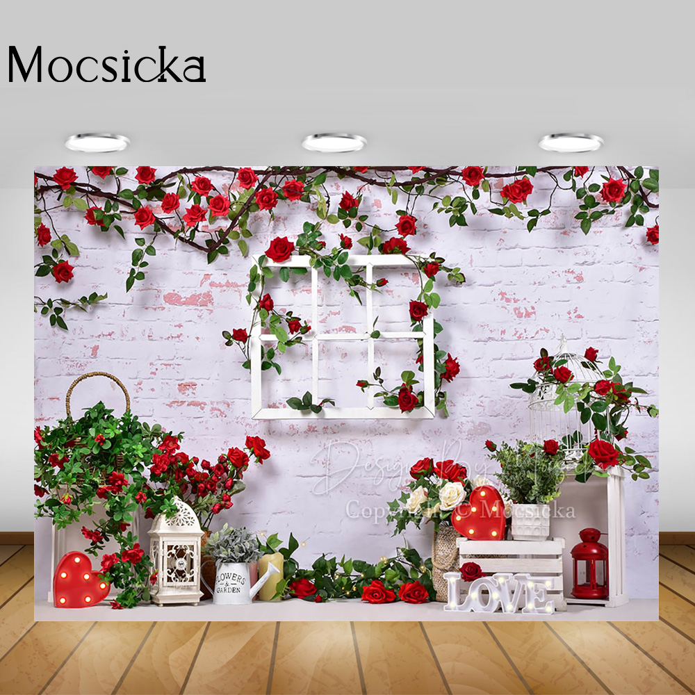 Valentine's Day Photography Backdrop Romantic Red Rose Wedding Portrait Background Photo Window Love Bridal Shower Photocall