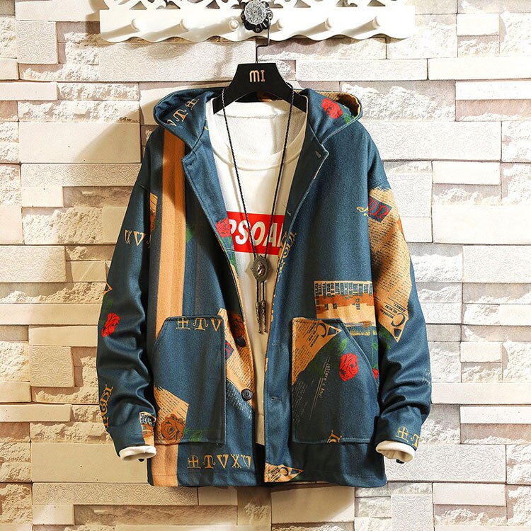Män casual jackor med luva herr streetwear bomberjacka tryck vindjacka manliga koreanska ytterkläder höstkappor väst homme ,za228: Blå jacka / M