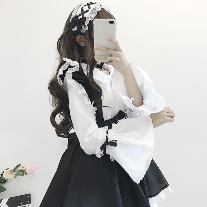 Robe de femme de chambre Lolita, Vintage, noire, blanche, gothique, japonaise, Kawaii, manches évasées, ensemble 2 pièces, Costumes d&#39;halloween Cosplay pour filles