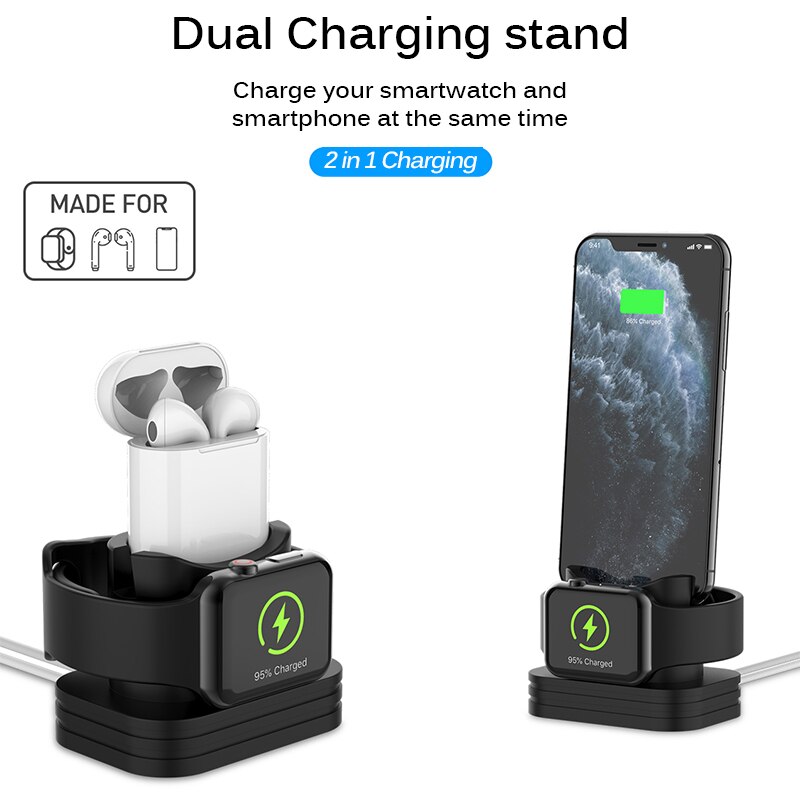 Siliconen 2 In 1 Opladen Dock Station Charger Voor Iwatch Zachte Bureau Oplaadstation Anti-Fall Stand Houder Voor airpods Case Charger