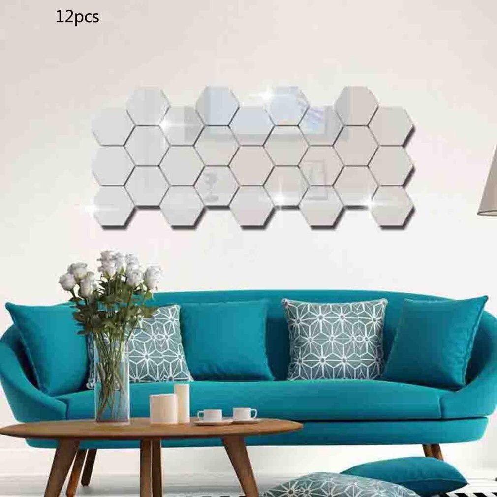 12 Pieces Self Adhesive Reflective Acrylic Wall Sticker Hexagon Stereo Mirror For Mirror Decals Home Decor