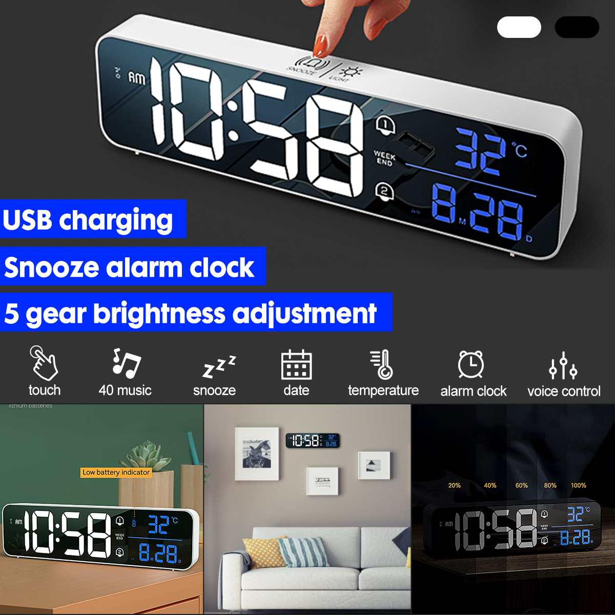 Wireless LED Digital Dual Mode Alarm Clock Digital Snooze Electronic Mirror Clocks 5 Brightness Adjustable Home Table Wall