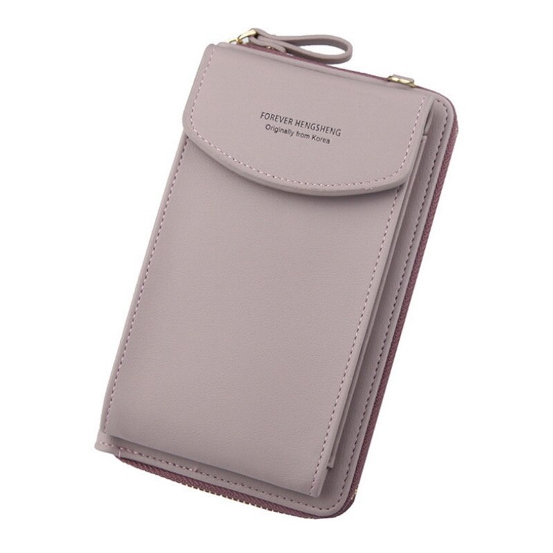 Women PU Leather Shoulder Bag Strap Purses Solid Color Mobile Phone Big Card Holders Wallet Handbag Pockets For Girls: gray