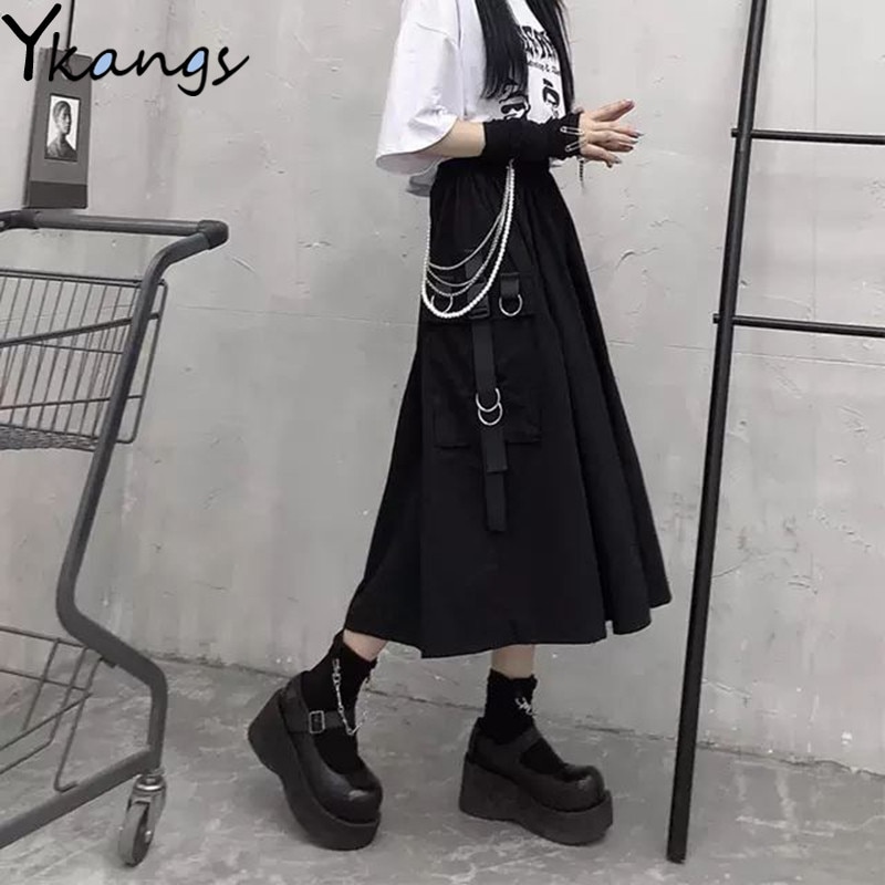 Falda larga de cintura alta para mujer, falda negra con bolsillos laterales y cadena, estilo coreano, ropa informal estilo Hip Hop Harajuku de talla grande