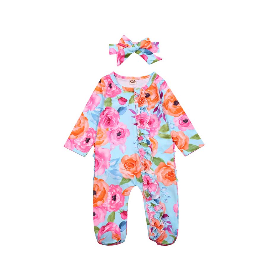 Newborn Infant Baby Boy Footies Sleeper Romper Floral Print One Piece Headband Toddler Baby Girls Winter Romper Jumpsuit Clothes: A / 3M