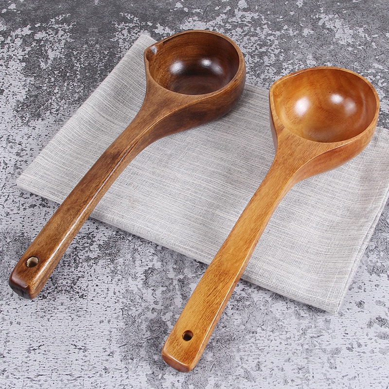 Vacclo 1pc Wooden Big Soup Spoon Long Handle Porridge Cornmeal Scoop Water Ladle Kitchen Tableware Cooking Utensil Tool