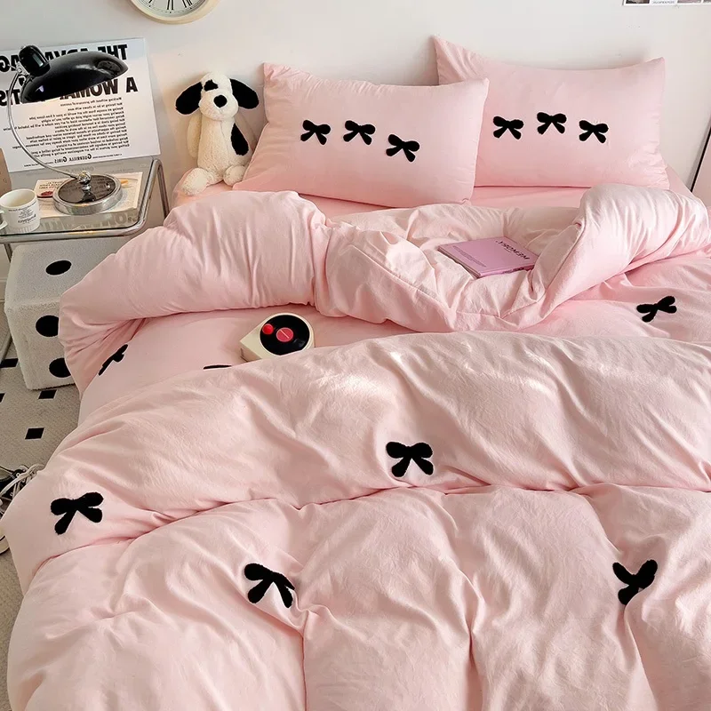 Lindo juego de funda nórdica con lazos rosas, juegos de cama con bordado 3D, juego de cama rosa, cómodas fundas de edredón Queen suaves para niñas, niños y adolescentes: Completo / Negro