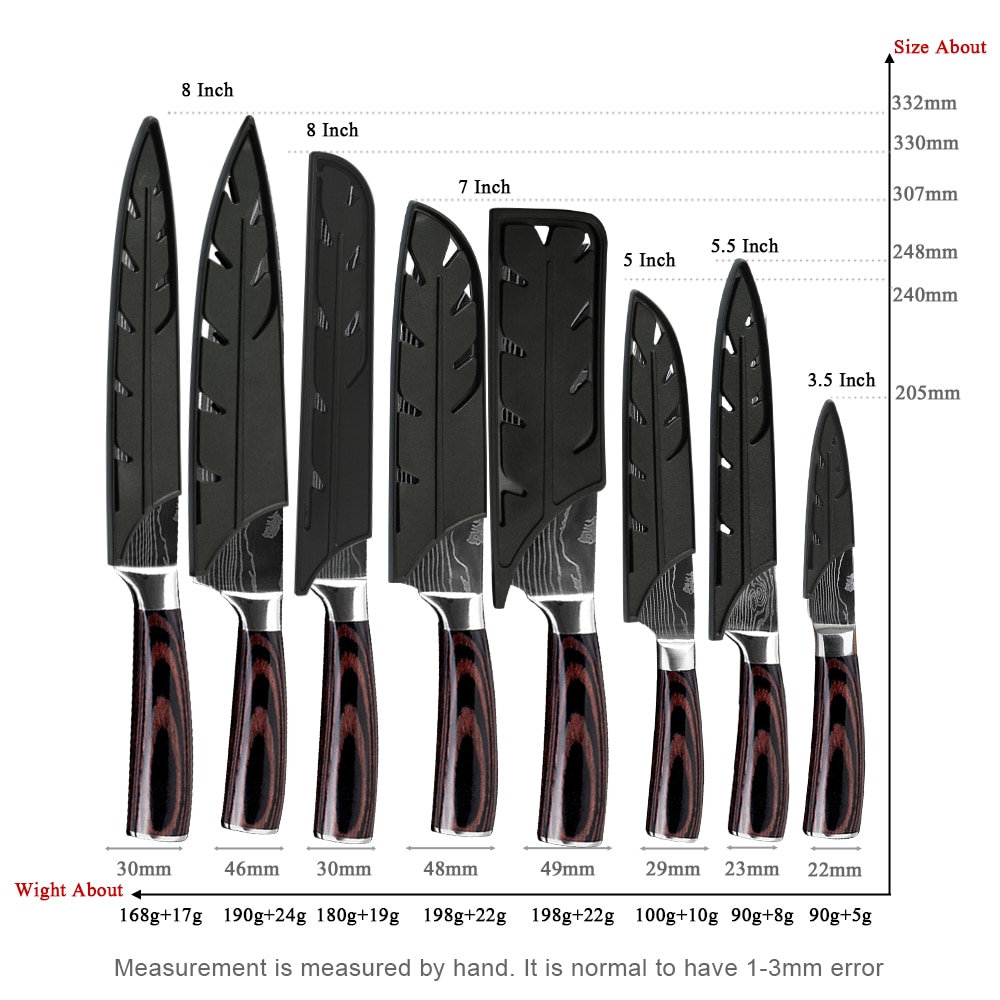 Stainless Steel Chef Knife Set with Knife Cover Case Sheath 8 Pcs Cleaver Slicing Damascus Veins Survive Kitchen Knives Set