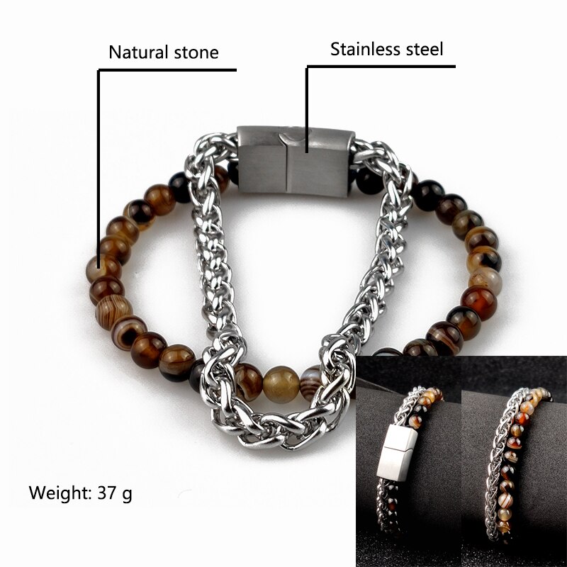 Pulseira de couro trançado para homens vintage, 4 tamanhos de tigre, pedra de amuleto, pulseira étnica rústica de aço inoxidável com contas: Chain natural stone / 18.5 centímetros