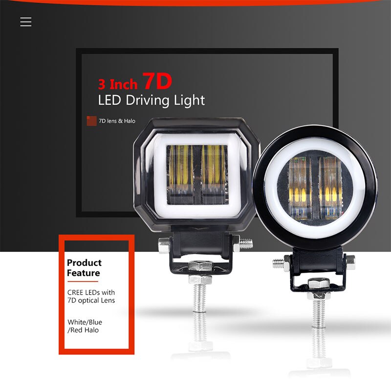Luz led de trabajo redonda y cuadrada, barra de luces antiniebla de Ojos de Ángel de 3 pulgadas, 12V y 24V, focos para coche, motocicleta, camión todoterreno