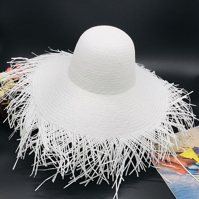 Naturlig stor bred rand rand raffia halm hattar vävd cirkel frans strand keps sommar ihålig stor halm hatt strand hatt strå hatt: Vit