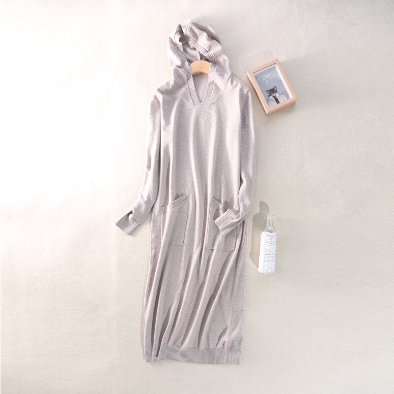 Autumn-Winter Women's Knitted Dress Fashionable casual dress in solid color with hood and long sleeves: Beige