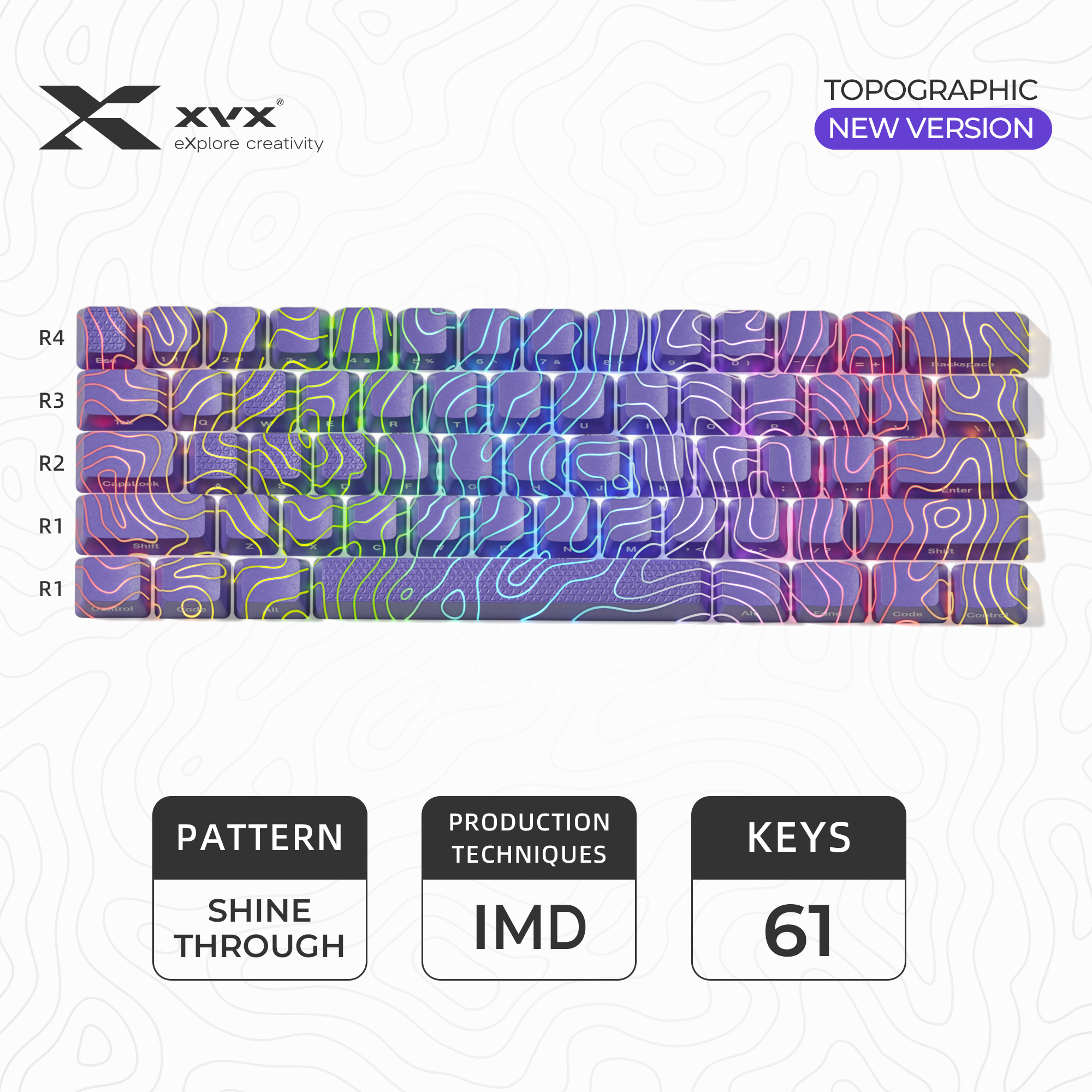XVX Topographic Version Pattern Shine-Through OEM Profile IMD-Tech Keycap Set 118 keys: PURPLE