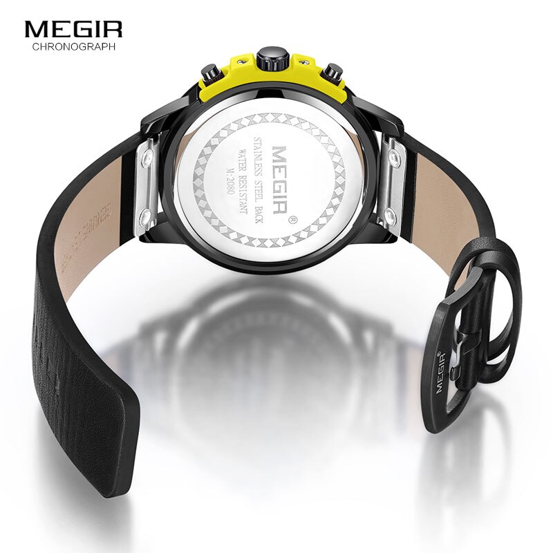 MEGIR 24 Stunden Chronograph Quarz Uhren Wasserdicht Casual Leder Armbanduhr für Mann Leuchtende Hände Sport Uhr 2080 Gelb