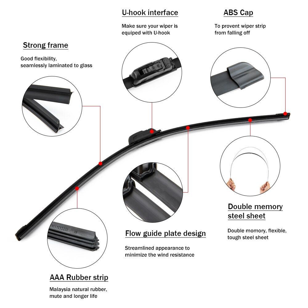 Car Frameless Wiper Blade Natural Rubber Bracketless Auto Soft Windshield 14" 16" 17" 18" 19" 20" 21" 22" 24" 26"