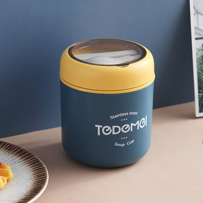 Mini caixa de almoço térmica recipiente de alimentos com colher de aço inoxidável copo de sopa de vácuo isolado lancheira taza desayuno portatil: Azul