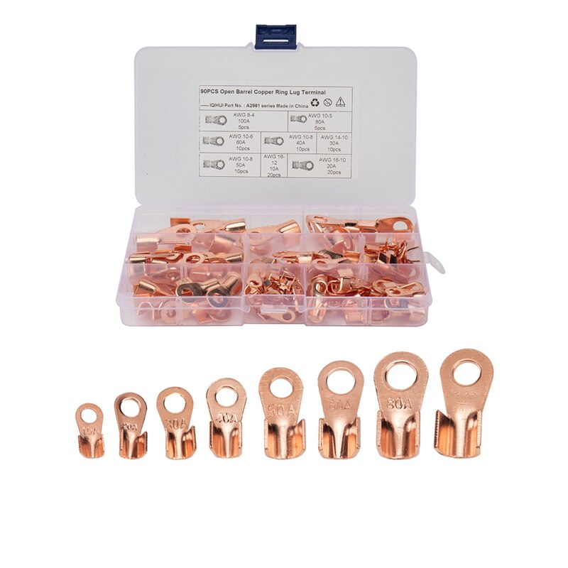 Battery Cable Copper Open Barrel Ring Lug Terminals Connectors Assortment Kit Wire Crimp Connector OT: 90