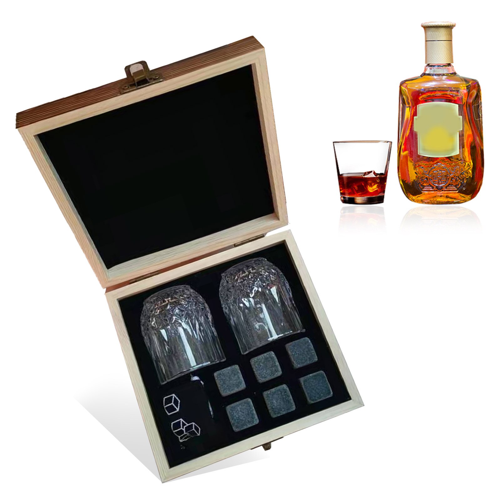 9pcs Whiskey Stones Whiskey Ice Stones Drinks Cooler Cubes Beer Rocks With Wood Case Pouch and Ice Clip Barware Bar Tool 2 Glass