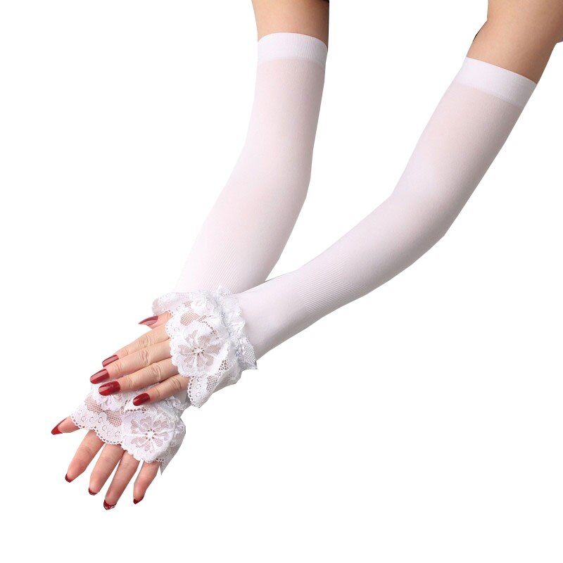 Gants longs d&#39;été en dentelle sans doigts, manches élastiques pour la conduite, mitaines longues sans doigts pour la Protection solaire: WHITE