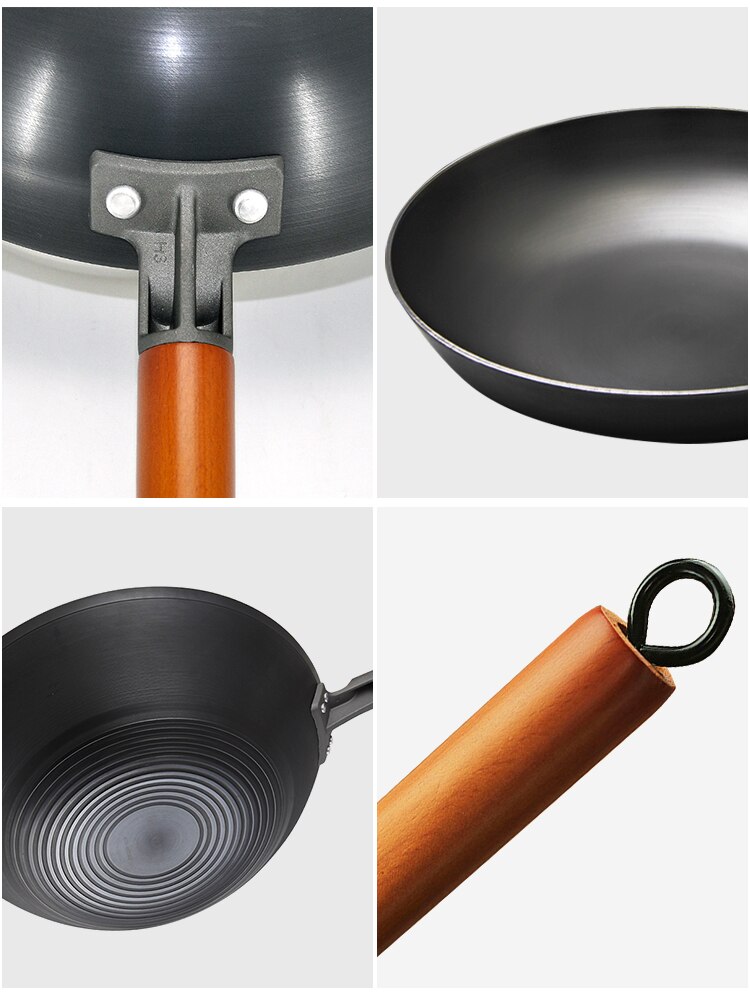 Chinese Traditional Wok Non-coating Handmade Wok With Wooden Handle Iron Non Stick Rusting Pan Induction and Gas Cooker Cookware