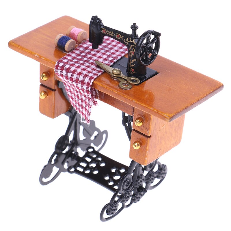 Miniature Sewing Machine With Cloth Accessory for 1/12 Scale Dollhouse Decoration