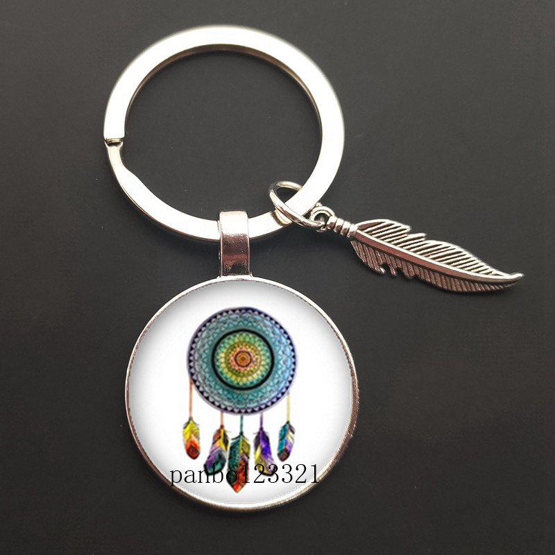 Dream Catcher Tone Key Chain Dream Catcher Feather Round Glass Convex Photo Keychain: Midnight Blue