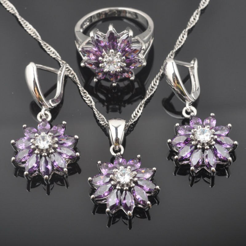 Purple Zirconia Crystal Costume Jewelry Sets Silver Color For Women Wedding Necklace Earring Ring QZ0437