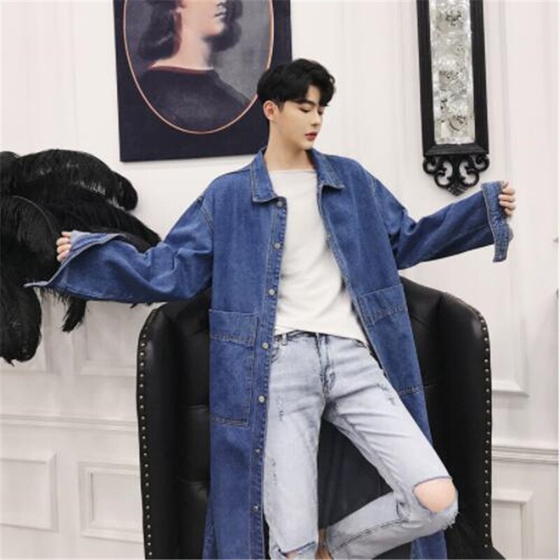 Mannen Lange Casual Denim Trenchcoat Streetwear Hip Hop Mode Losse Cowboy Vest Jas Mannelijke Jean Windbreaker Overjas