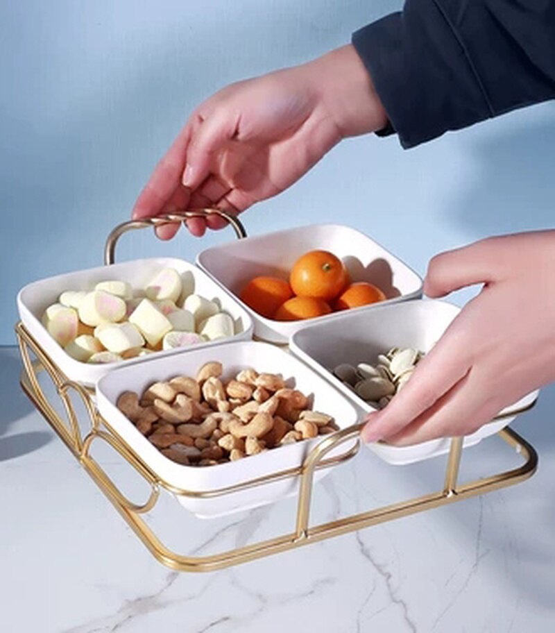 De cerámica bandeja de comida con divisores hogar fruta Bol para bocadillos bandeja de almacenamiento con soporte de hierro decoración de bandejas de ensalada
