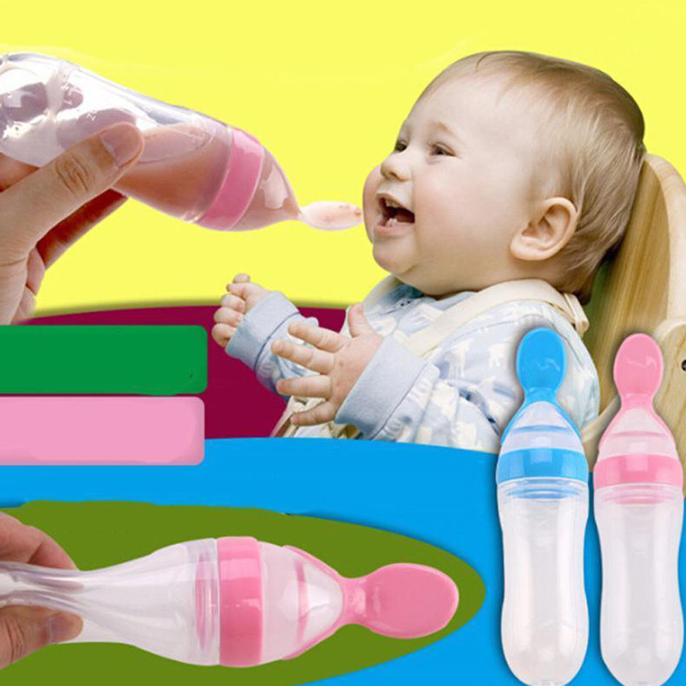 Baby Silicone Squeeze Feeding Bottle 90ml Safety Infant Baby Silicone Feeding With Spoon Feeder Food Rice Cereal Bottle