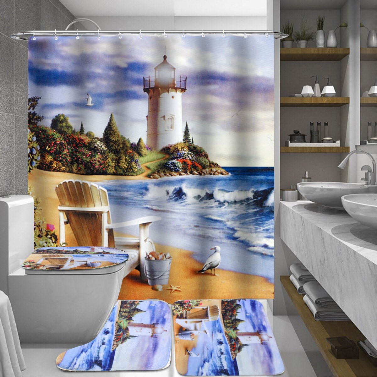 Coastal Strand Landschap Gedrukt Patroon Douchegordijn Voetstuk Tapijt Deksel Wc Cover Mat Badmat Set Badkamer Gordijnen Met Haken: I 4PCS