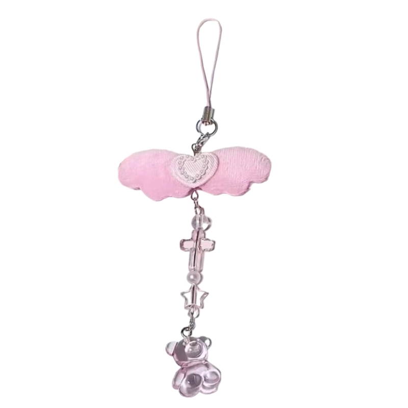 Chaveiro artesanal com pingente asa anjo, corrente telefone com laço doce legal, cordão telefone, bolsa